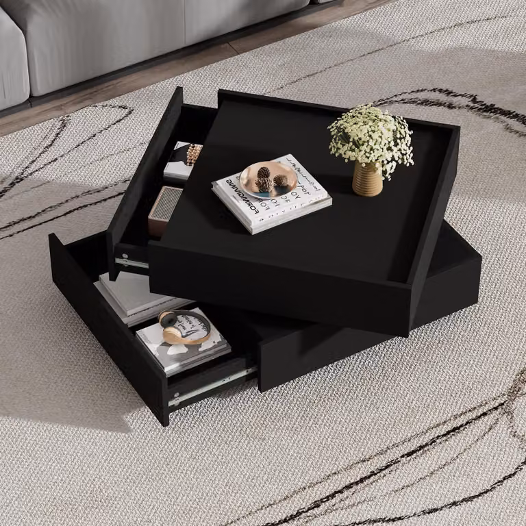 Fortuna Lai Tavolino funzionale per il soggiorno, ruotabile a 360°, piano girevole con 2 ripiani e spazio contenitivo, struttura tavolino da salotto nero, 60*60*38 cm
