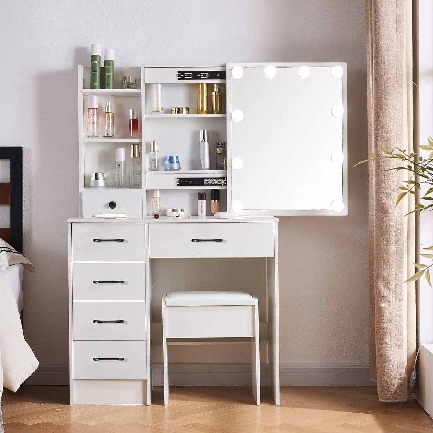 Comodino con sgabello Luce LED e 6 cassetti 36x80x131 cm