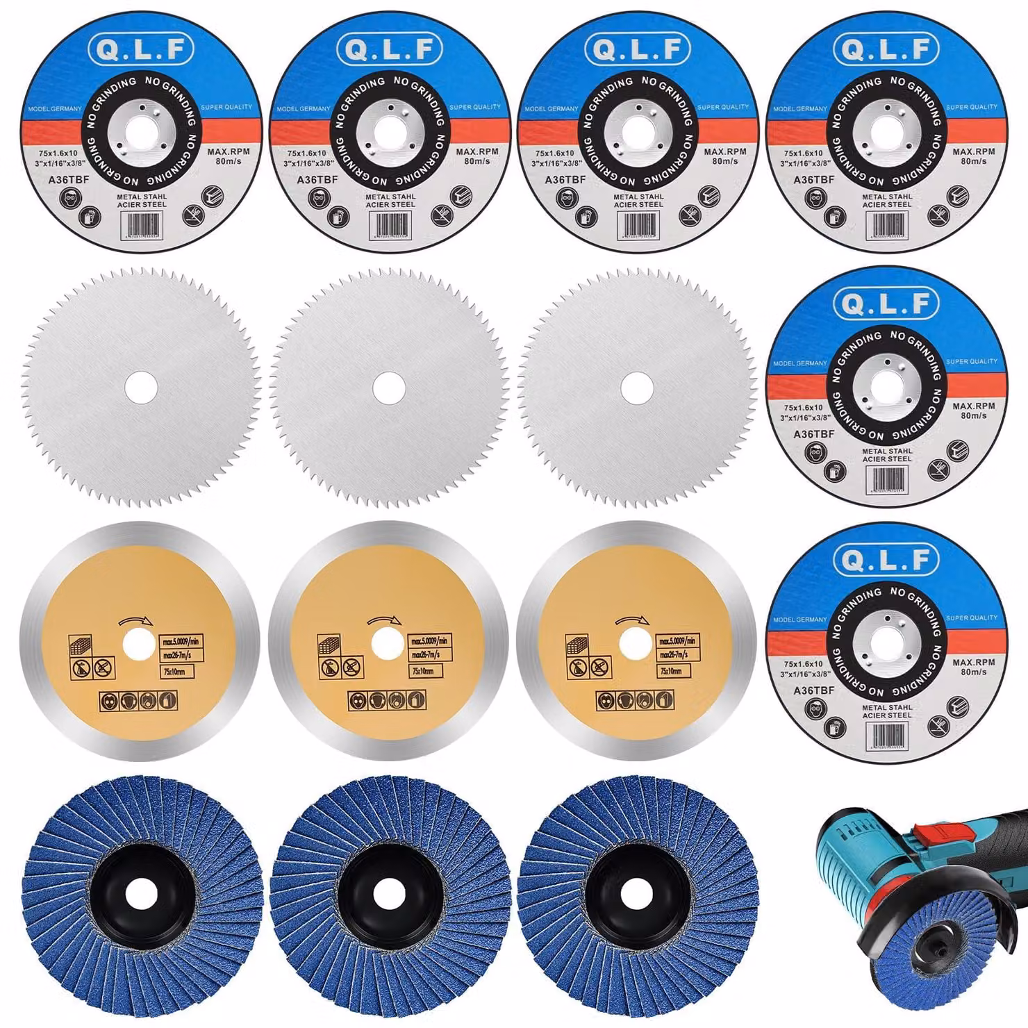 Smerigliatrice angolare da 76 mm, set con 15 dischi abrasivi universali professionali