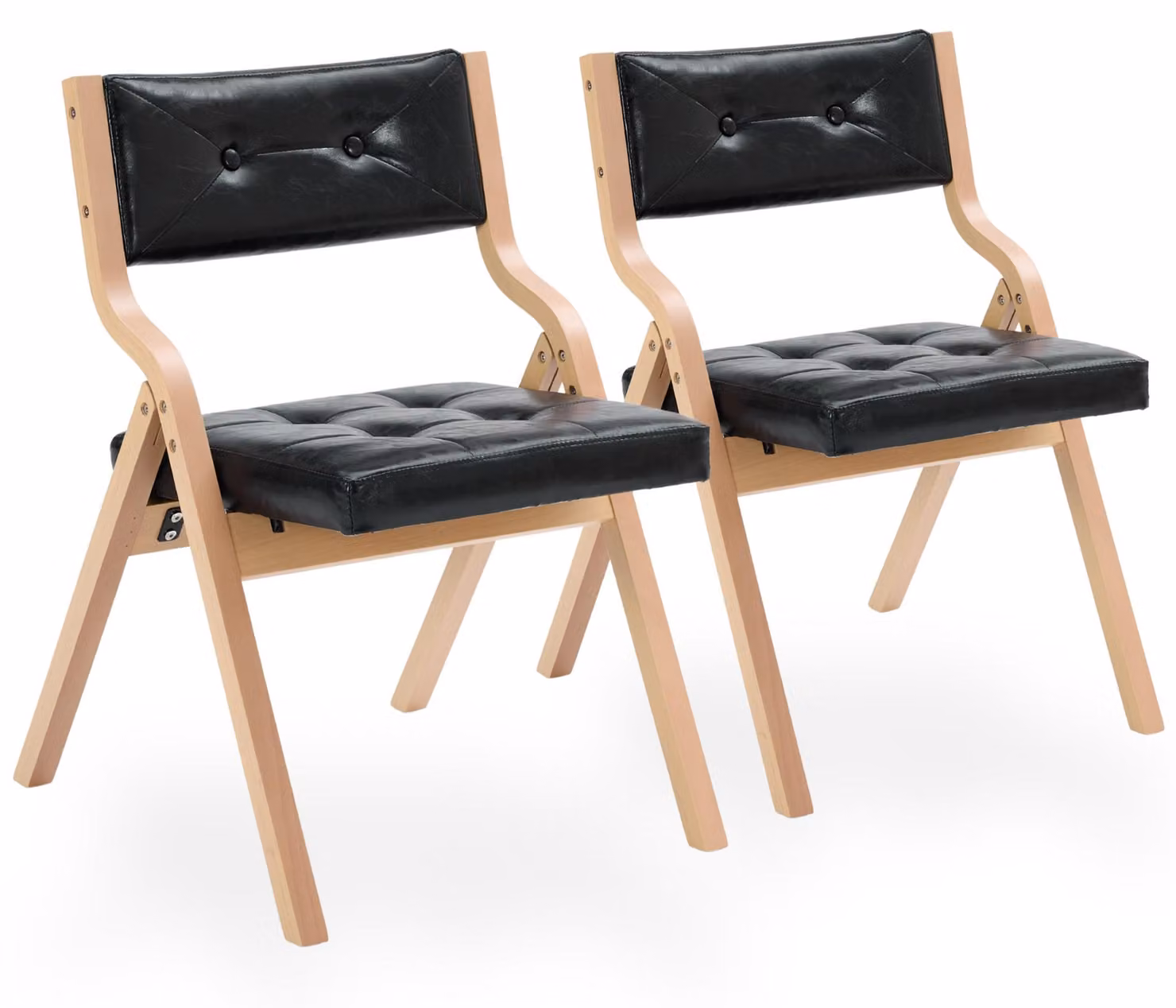 Set di 2 sedie da pranzo pieghevoli in ecopelle, con struttura in legno curvato, colore naturale/nero