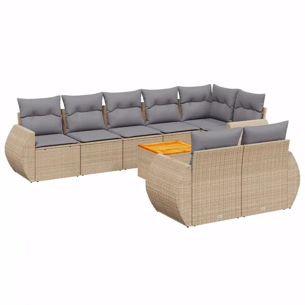 vidaXL Set Divano da Giardino a L in Polyrattan con Cuscini Beige e Grigio, 9 Pezzi con Tavolino e Elementi Angolari – 2