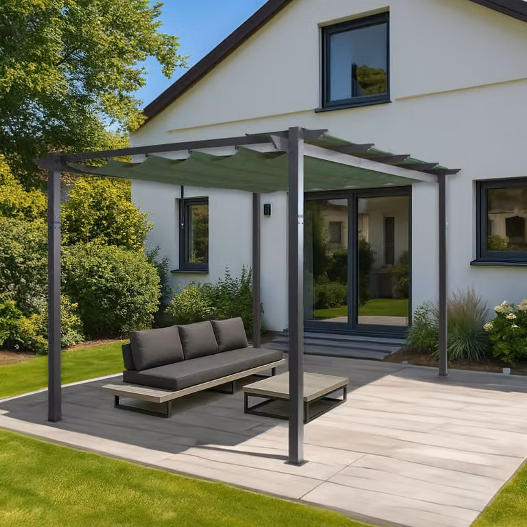Pergola in alluminio HWC-N93, gazebo da giardino, struttura stabile 8cm tetto scorrevole UV50+ 3x4m ~ verde