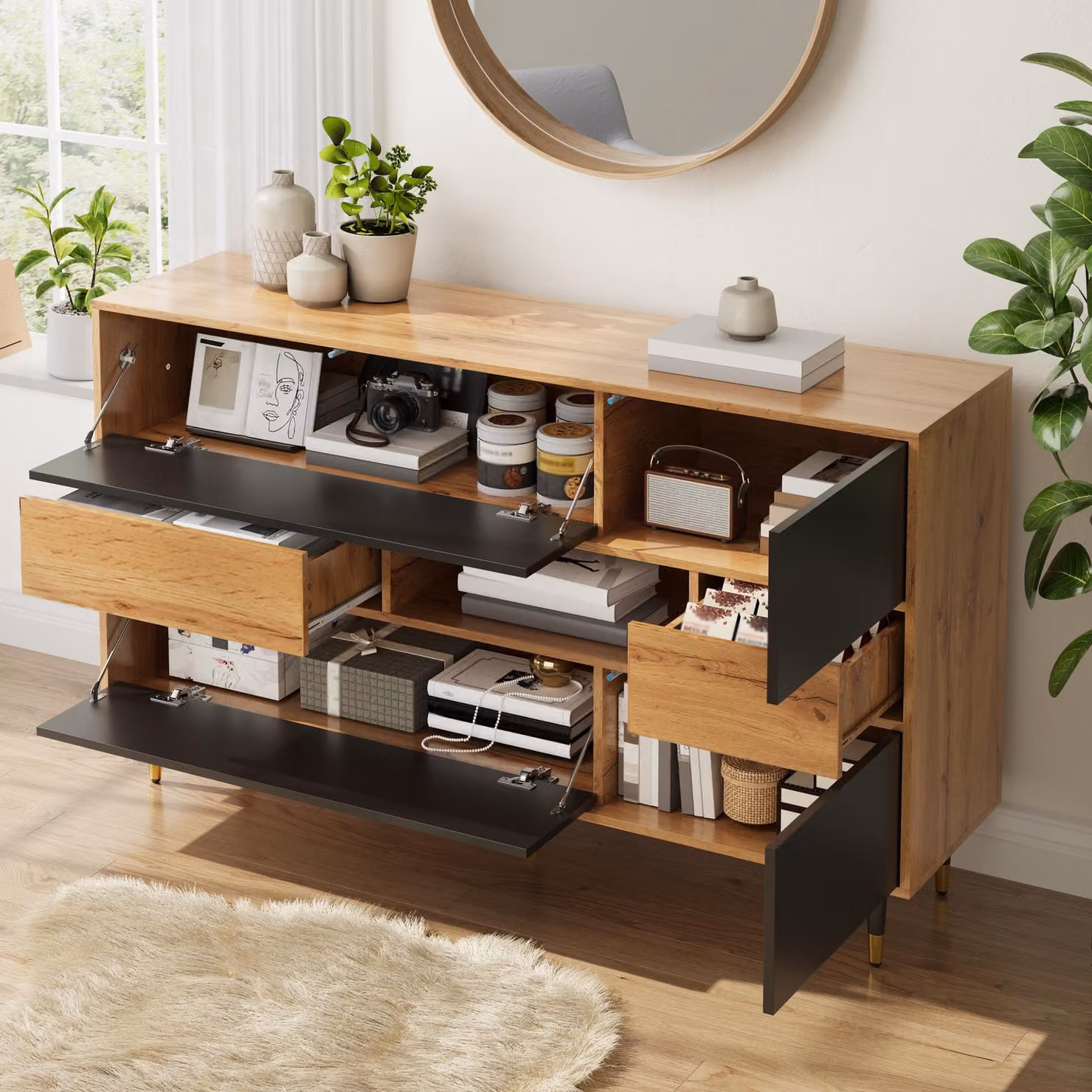 Mobile contenitore Merax con 2 cassetti, credenza con vano centrale aperto e ante a ribalta e laterali, mobile da soggiorno in MDF e pannello di fibra a legno, armadio contenitore, colore nero