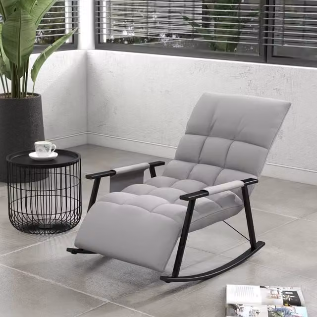 Sedia a dondolo reclinabile con poggiapiedi in microfibra grigia tasca laterale e struttura in acciaio 70 × 60 × 134 cm