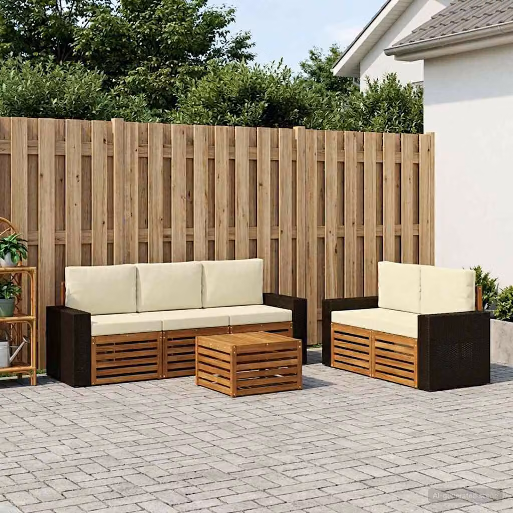 Set di divani da esterno vidaXL in legno di acacia con tavolino e cuscini, colore marrone, bianco e beige