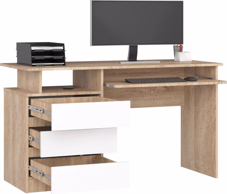 Scrivania 135x60 cm con 3 cassetti, scrivania per computer con ripiano estraibile per tastiera
