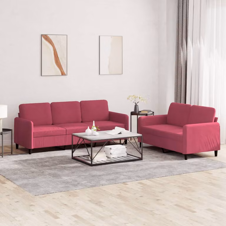 Set di divani vidaXL in velluto rosso composto da un divano a 2 posti e un divano a 3 posti con braccioli e cuscini inclusi
