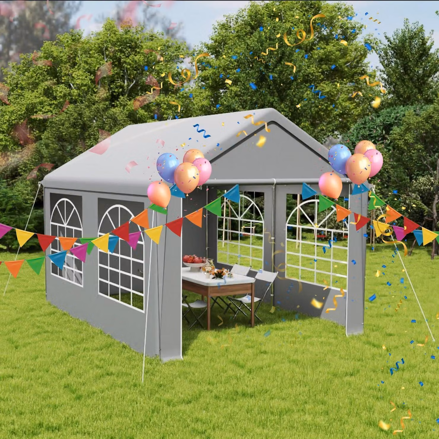Tenda da festa 3x4 metri, grigia, impermeabile, con protezione UV, struttura in acciaio, tessuto in PE da 200g/m² e 130g/m², con finestre