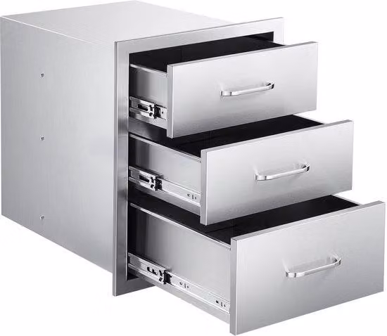Barbecue in acciaio a tre strati con cassetti, dotato di maniglie, ideale per cucine da esterno, isole barbecue o postazioni barbecue per patio, dimensioni: 46,5 cm (larghezza) x 59,5 cm (profondità) x 59,5 cm (altezza)