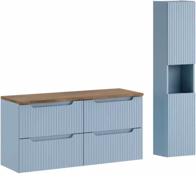 Set da bagno sospeso VANO blu denim e rovere 150cm: mobile sotto lavabo con cassetti + piano per lavabo + colonna
