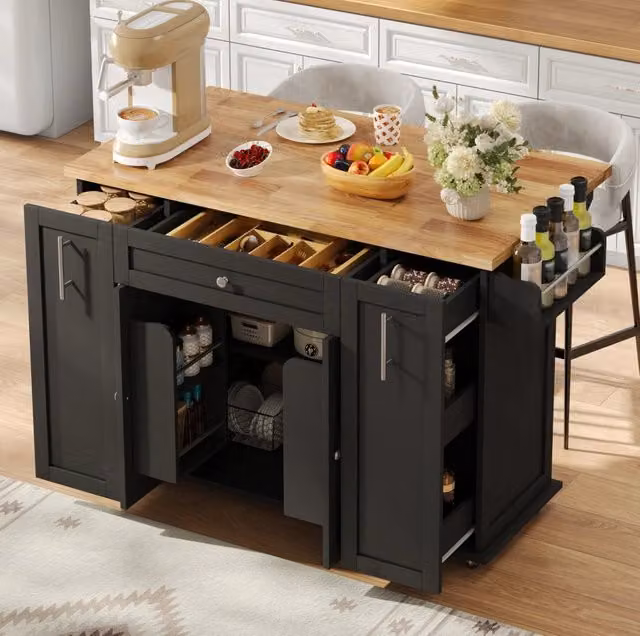 Isola cucina con piano ribaltabile; 3 cassetti verticali; 2 vani a porta; MDF; nero/naturale