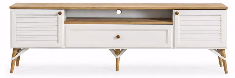 Mobile TV basso in stile scandinavo con superficie in legno e ante semplici