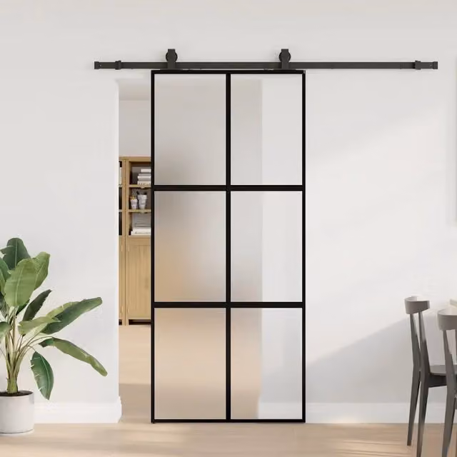 Porta Scorrevole Moderna vidaXL in Vetro Temperato e Alluminio, Colore Nero, L: 90 cm, H: 205 cm