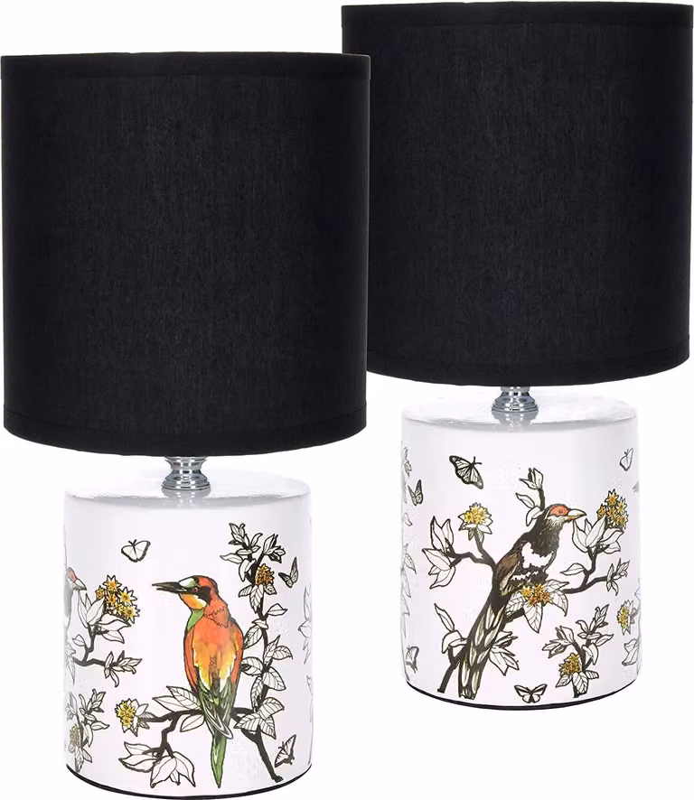 Set di 2 lampade da tavolo o da comodino BRUBAKER Design di uccelli asiatici - Lampade cinesi con base in Vetroceramica - Altezza 29,5 cm, bianco nero