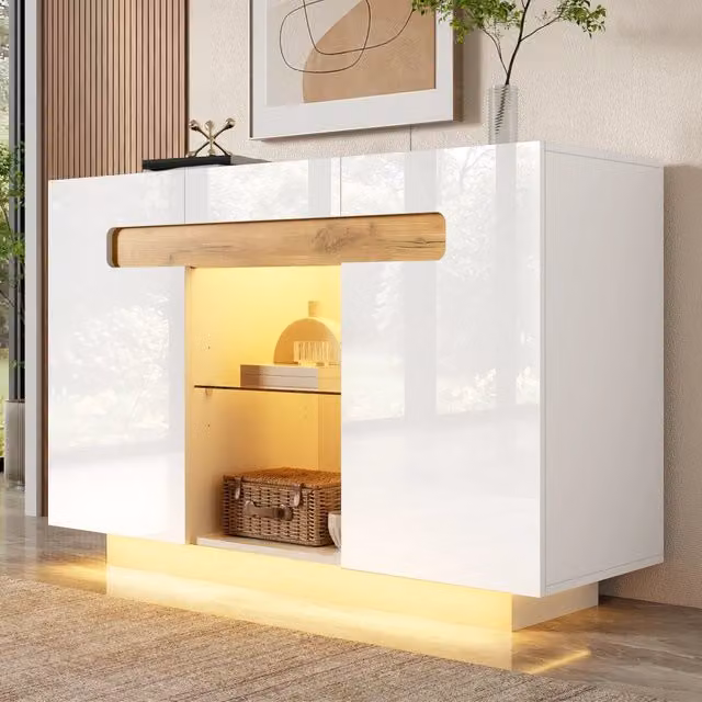 Credenza LED con 4 ripiani e 2 vani aperti regolabili per soggiorno e cucina, bianco e legno naturale, 120 × 40 × 80 cm
