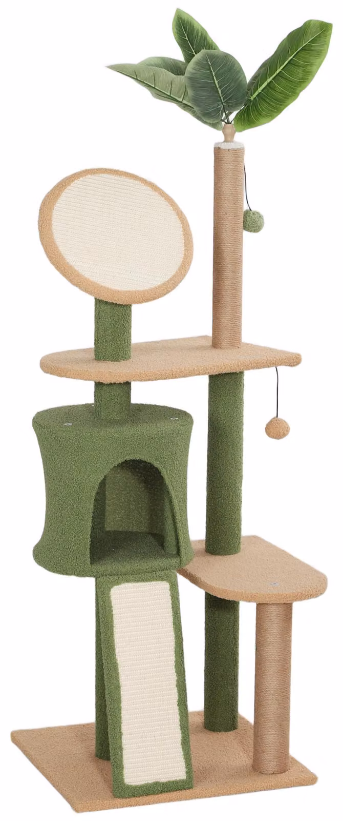 Albero per gatti Moonbite, altezza 139 cm, design naturale con foglie artificiali, casetta per gatti, rampa, pali in sisal per graffiare e 2 palline da gioco, rivestimento in peluche, pannello di fibra a media densità (MDF), colore verde