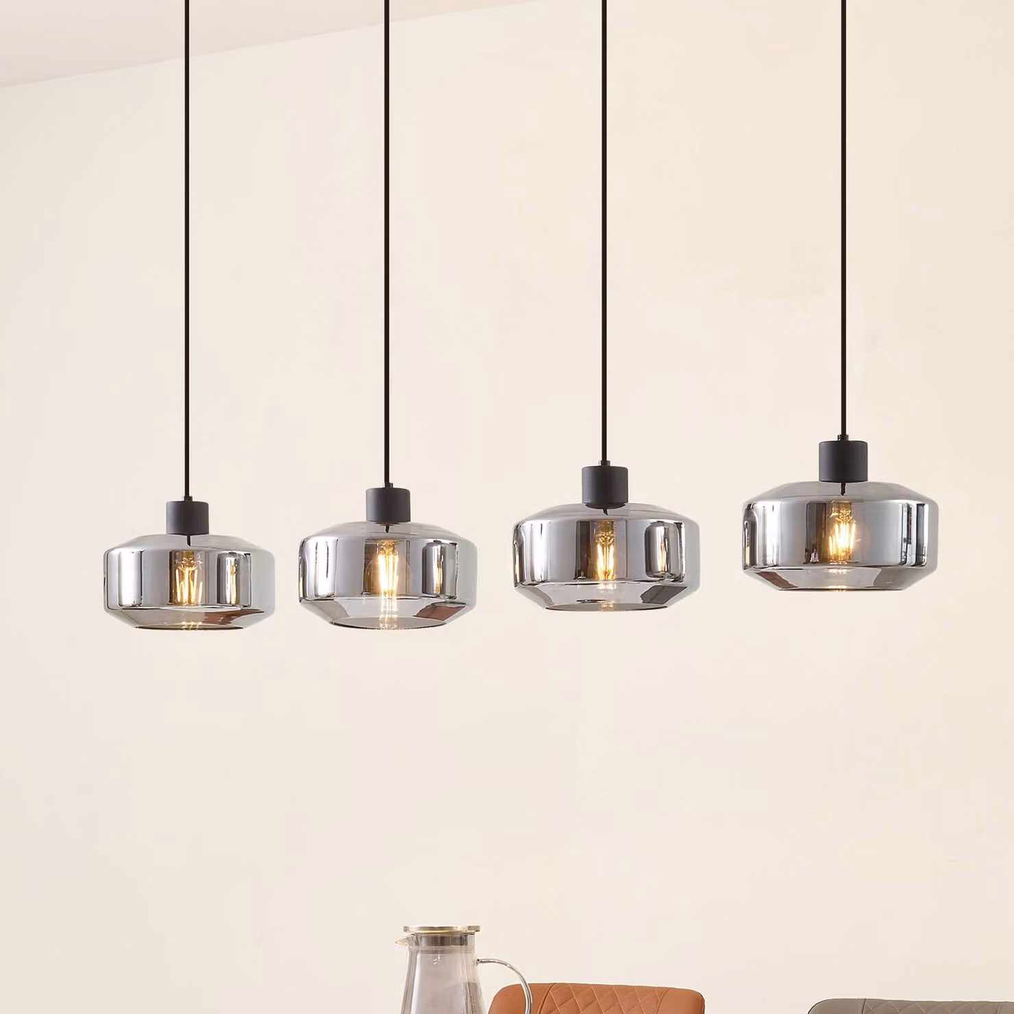 Lampada a sospensione in vetro Hildur Lindby, dimmerabile, Alluminio / Grigio / Zincato, Soggiorno / Sala da pranzo, Vetro, Lampada a sospensione