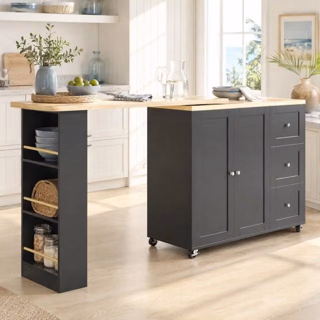 Mobile bar ULEVR girevole 360¡ã 135-203x39x106 cm con ruote, 3 cassetti, 2 ante e portasnack, nero