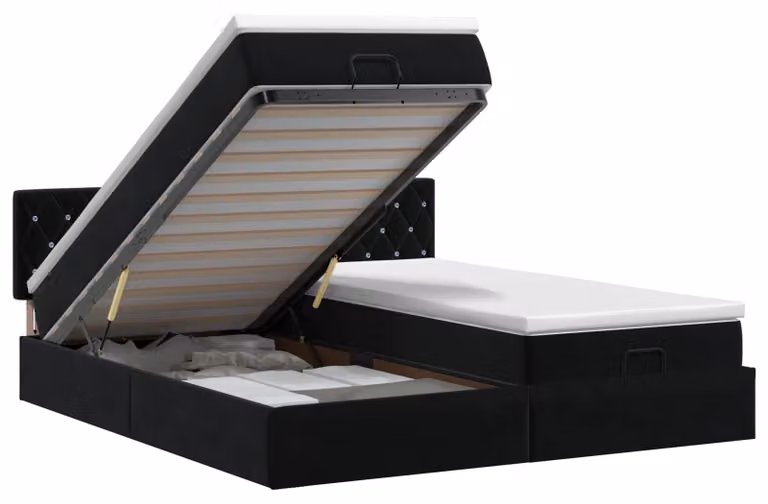 Divano letto ottomano con materasso e poggiatesta, 2 pezzi, colore nero, rivestito in velluto