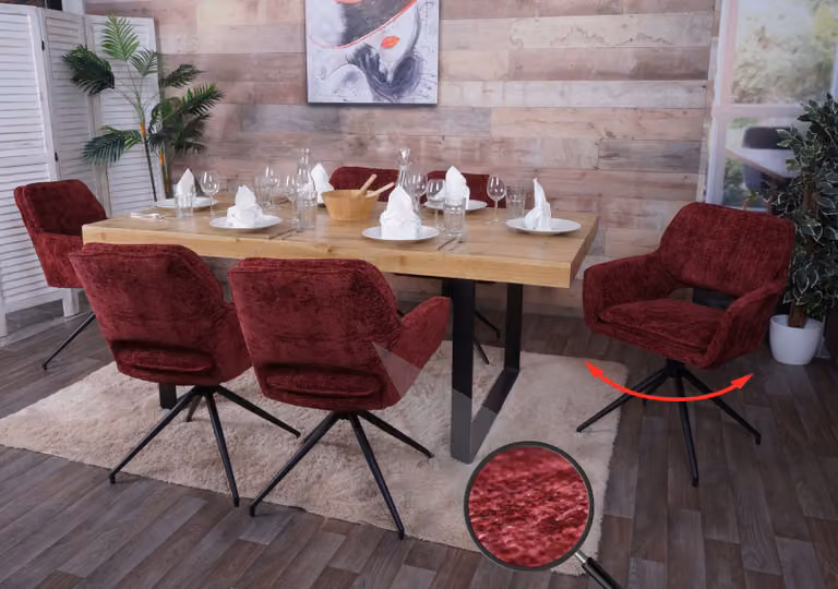Set di 6 sedie da pranzo modello HWC-N74, sedie da cucina, girevoli con sistema di ritorno automatico, rivestite in tessuto chenille (490g/m²), colore bordeaux