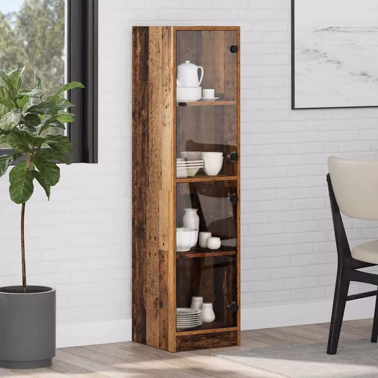 Credenza moderna vidaXL in legno e vetro marrone con ante in vetro e ripiani interni, L/P/H: 35 x 37 x 142 cm