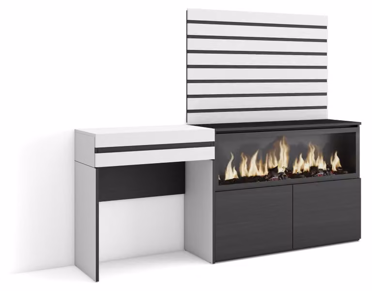 Scrivania con focolare a LED e parete a lamelle, 177x145x35 cm, bianca