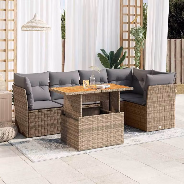 Set Divano da Giardino vidaXL 6 pz in Polyrattan con Cuscini Beige e Tavolino da Esterno a Forma di L