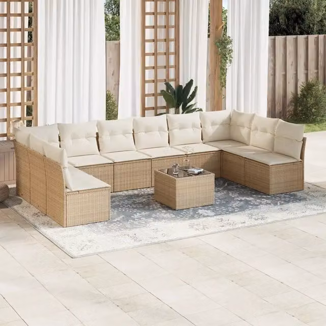 Set di Divani da Giardino VIDAXL a Forma di U in Polyrattan con Cuscini Beige, 11 Pezzi
