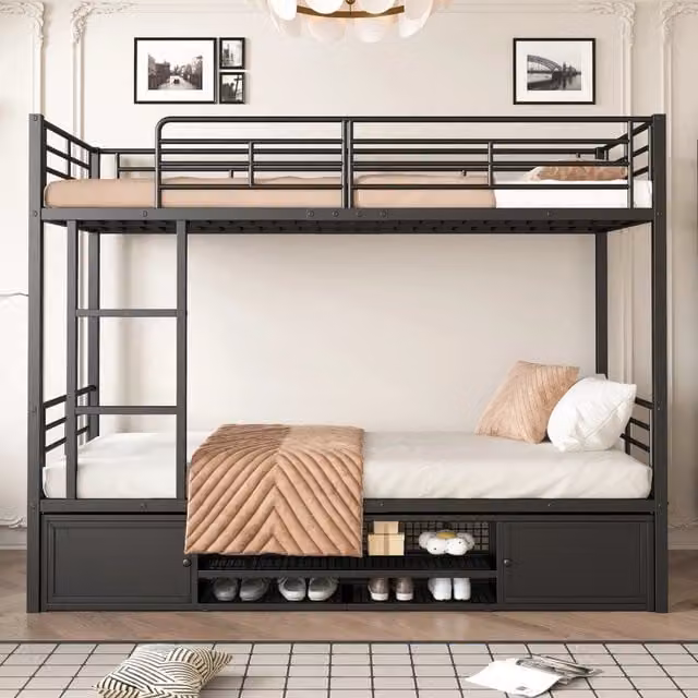 Letto a castello a 2 posti 90 × 200 cm, scala laterale, ripiani per scarpe e armadietti, senza materassi, nero