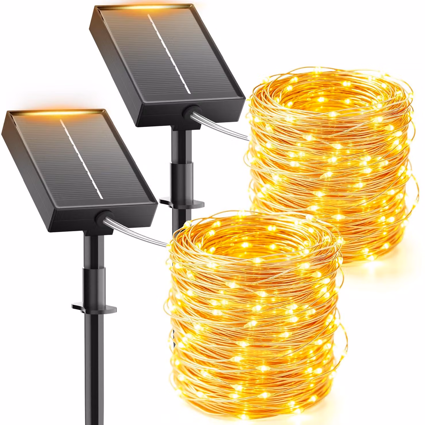 Catena luminosa solare, confezione da 3, lunghezza totale 15+2 metri, 150 LED, luce bianco caldo