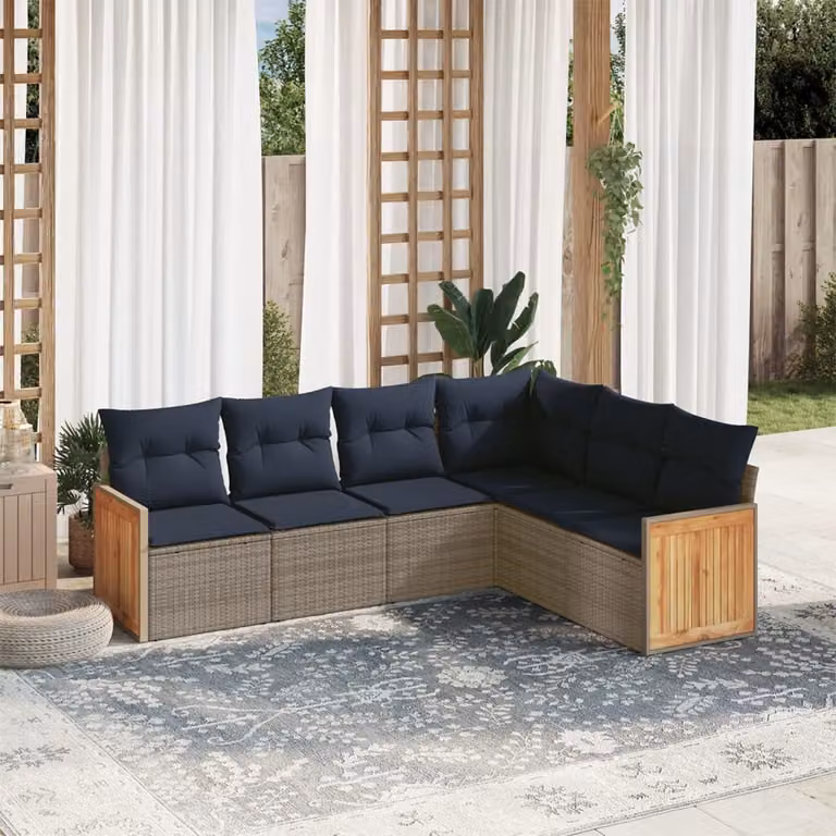 Set di divani da giardino vidaXL in polyrattan grigio con cuscini, componibile a L per 6 persone