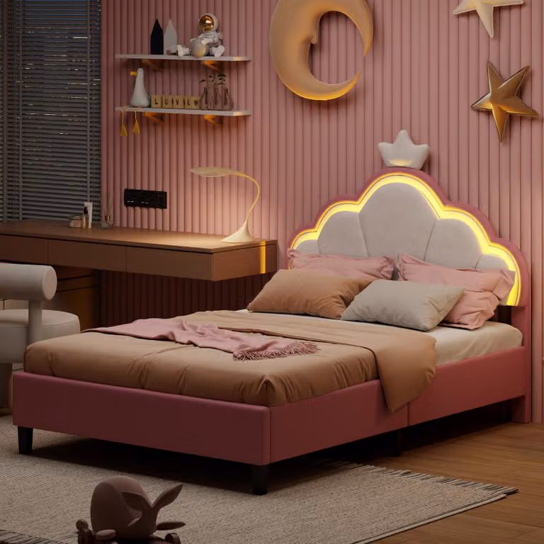 Letto imbottito CDGlobal 140x200cm con testata a forma di  e LED, letto per ragazzi con testata regolabile in altezza, letto per ragazzi con rete a doghe, Pelle finta, rosa
