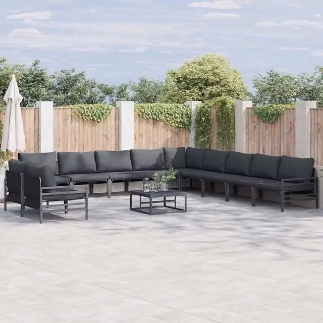 Set Divano da Giardino vidaXL 11 Pezzi a Forma di L con Cuscini Antracite e Nero in Acciaio Verniciato a Polvere