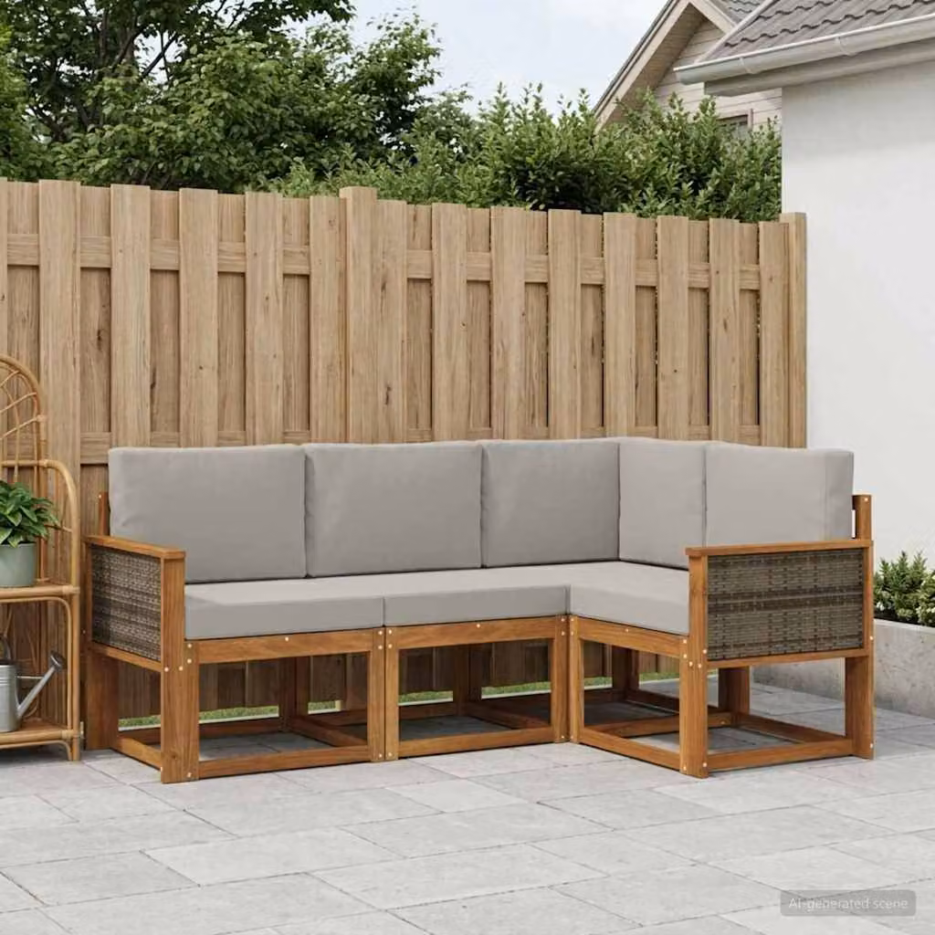 Set di divani da esterno vidaXL 4 pz in legno di acacia con cuscini, design moderno a L, beige e grigio