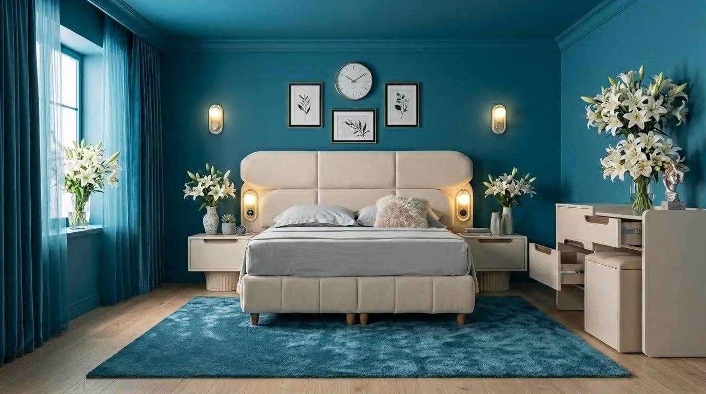 Set per camera da letto: letto, testiera, comò, 2 comodini, stile moderno, in legno