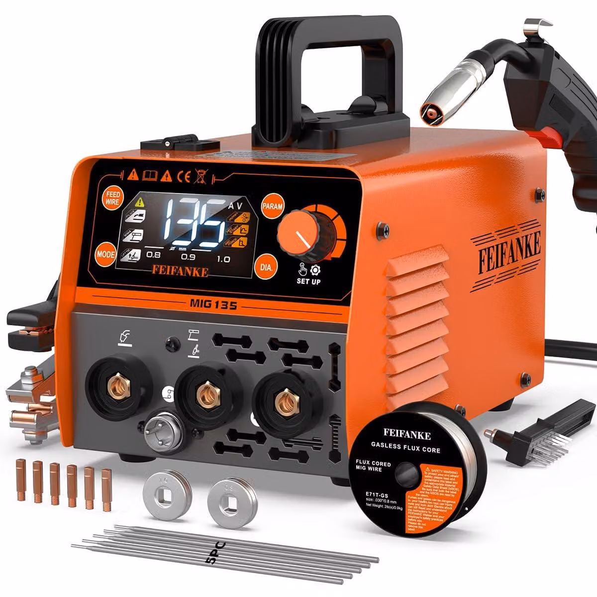 Saldatrice MIG135 - 135 Ampere, senza gas - 4000 W di potenza - Arancione - Saldatrice inverter