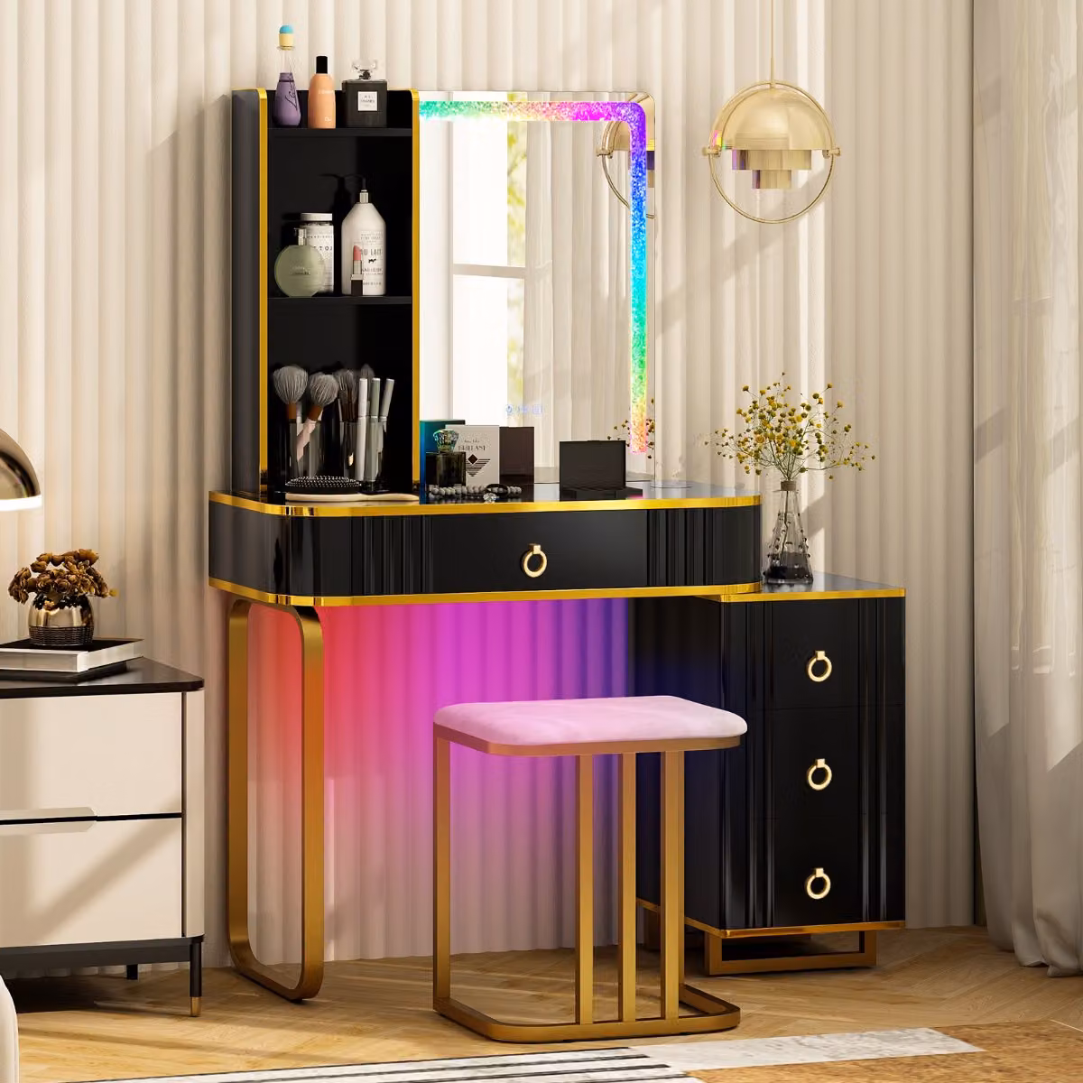 Toeletta da trucco Costway con specchio Hollywood LED dinamici e statici, porte USB e 4 cassetti, Nero, L 80 cm x P 40 cm x H 137 cm – 3