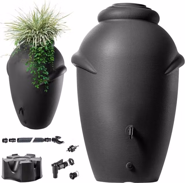 Serbatoio per acqua piovana KADAX da 360 litri + kit di collegamento al rubinetto e supporto