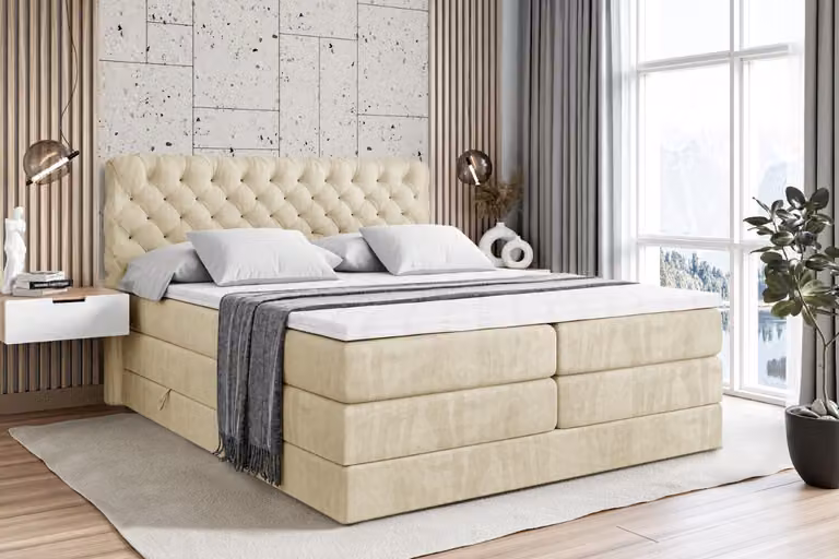 Letto boxspring ALTDECOR con 2 materassi e topper - 160x200 cm - BOXI8 KING - Velluto beige - Letto imbottito con materassi H3 e H4, contenitore e rete a doghe, letto con spazio di stivaggio
