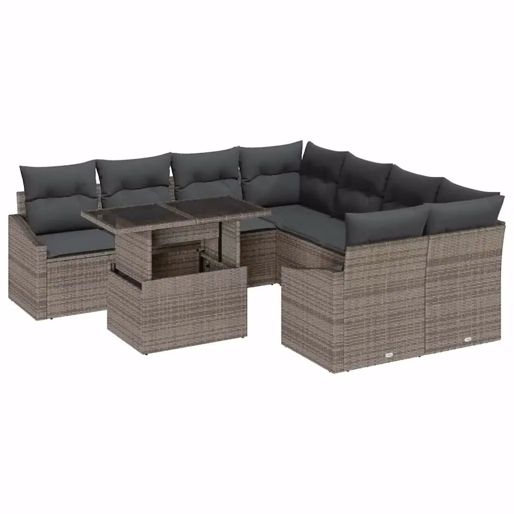 Set Divano da Giardino vidaXL 9 Pezzi in Polyrattan Grigio con Cuscini e Tavolino – 2