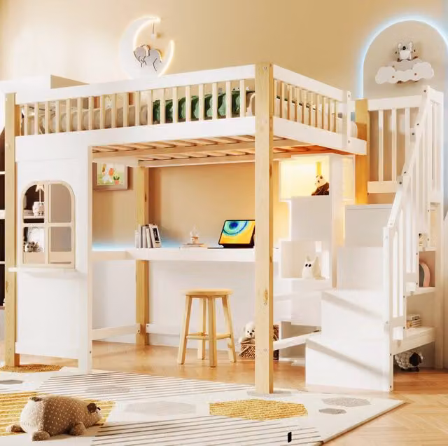 Letto a soppalco 140x200 cm con scrivania; scala contenitore e LED; bianco/naturale