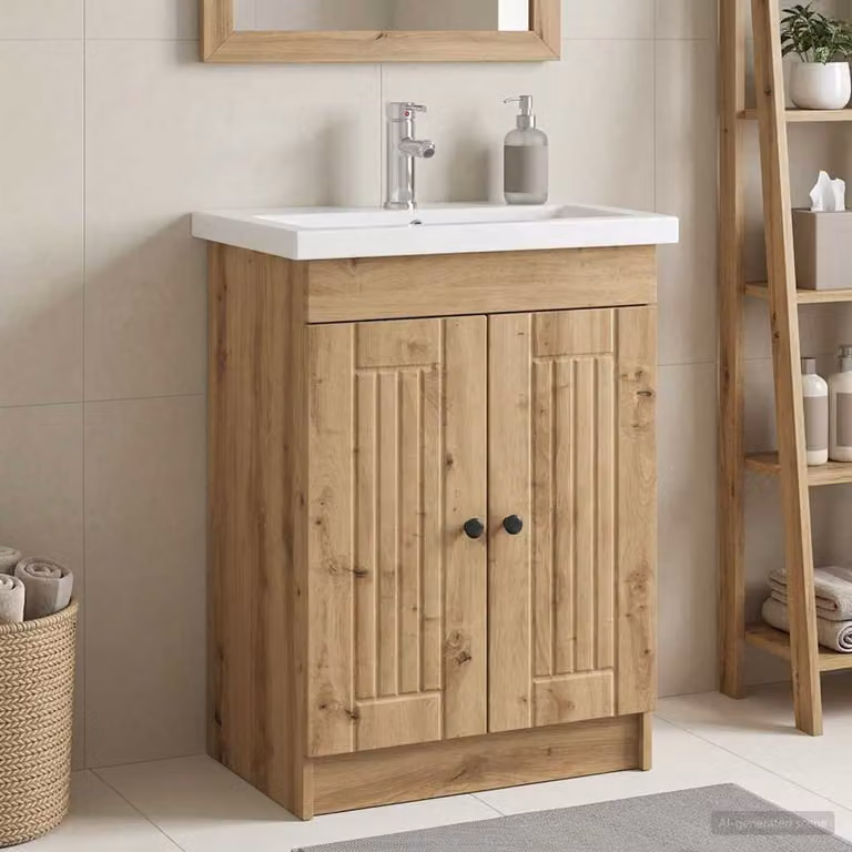 vidaXL Mobiletto da bagno sotto il lavello moderno in rovere e metallo con ante a battente, Marrone e Nero, L: 78,5 cm, P: 37,5 cm, H: 81,0 cm