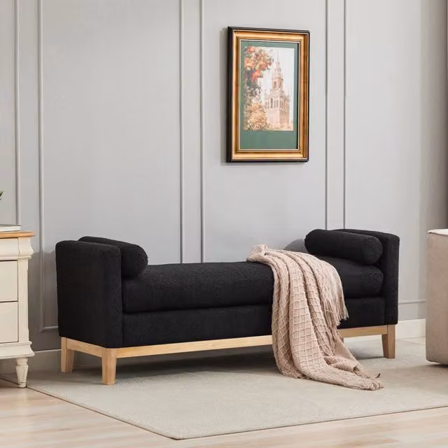 Panca imbottita elegante con gambe in legno e 2 cuscini, nera. Poggiapiedi per fine letto, camera da letto, soggiorno, ingresso