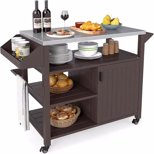 Carrello per Grill da Esterno COSTWAY in Metallo Marrone e Argento con Armadietto, Ripiani e Piano in Acciaio Inox, L/P/H: 116 x 50 x 87 cm