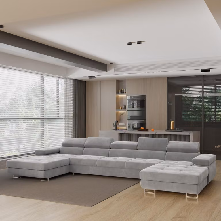 Divano angolare OMBRA di Masseno con funzione letto a U, divano con box letto, divano da salotto, divano, divano letto, set di divani - grigio chiaro, MONOLITH 84