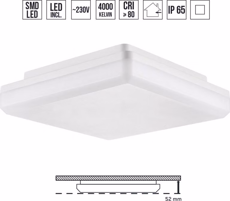 Plafoniera LED TVER LED/20W, 4000K, IP65, bianco L: 200, L: 52, H: 200