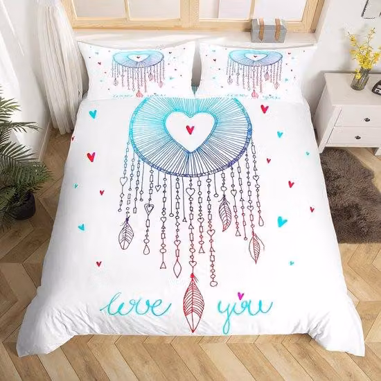 Set di lenzuola stile boho Ibbenzoa® con decorazione a forma di "dream catcher", stampa 3D dettagliata – microfibra, include federe, dimensioni 220 x 240 cm, interno bianco