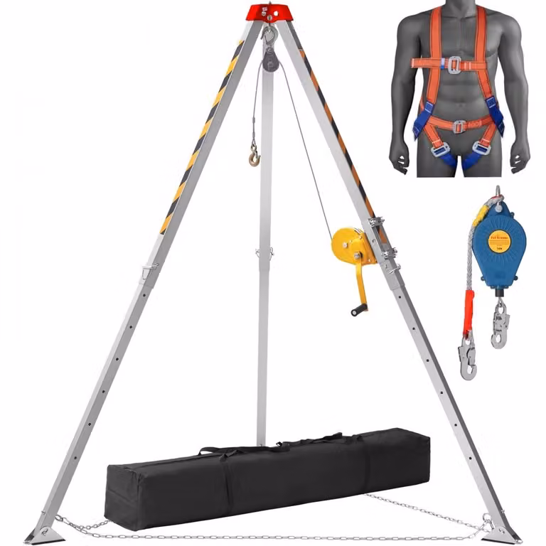 Set di treppiedi 1200 lbs Treppiedi con verricello con gambe da 7' e cavo da 98' - Treppiedi di soccorso per spazi confinati 32,8' - Imbracatura anticaduta - Borsa di stoccaggio per spazi confinati convenzionali.