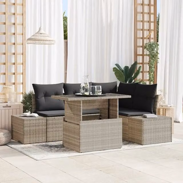 Set Divano da Giardino a L con Tavolino vidaXL Grigio, 5 Pezzi in Polyrattan con Cuscini e Struttura in Acciaio Verniciato a Polvere