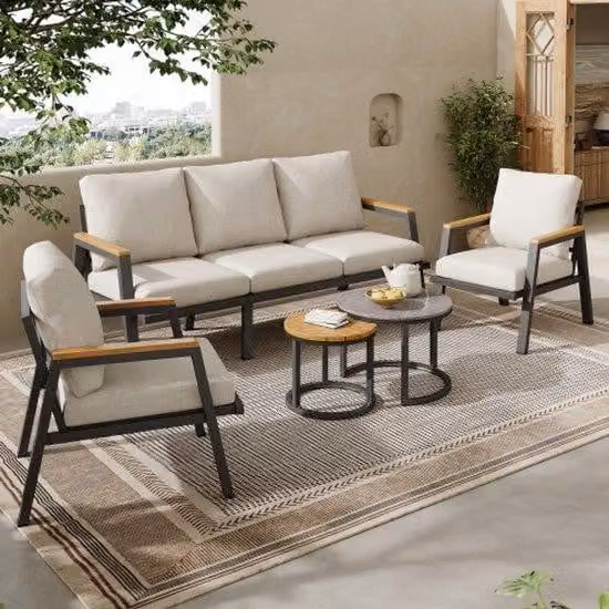Set di mobili da giardino, comoda soluzione salotto composta da una panca a 3 posti, 2 poltrone e 2 tavolini, piano in vetro grigio e plastica effetto legno, acciaio zincato, grigio